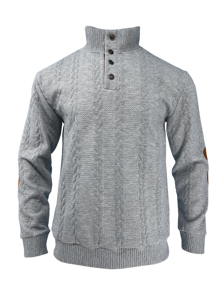 Men's casual cable knit pullover with reinforced button placket and suede elbow patches Mune Fashion