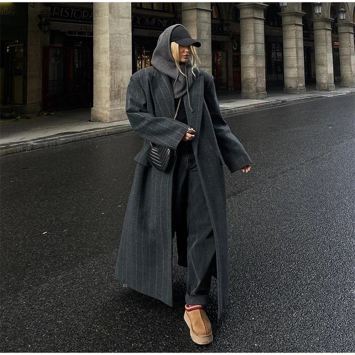Ladies long tailored pinstripe wool blend coat with lapel collar and patch pockets Mune Fashion