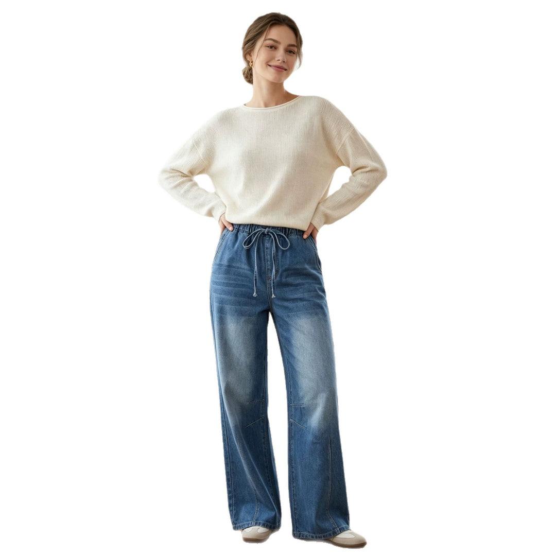 Women's Relaxed-Fit Denim Pants with elastic drawstring waistband, subtle used effect, and wide leg Mune Fashion