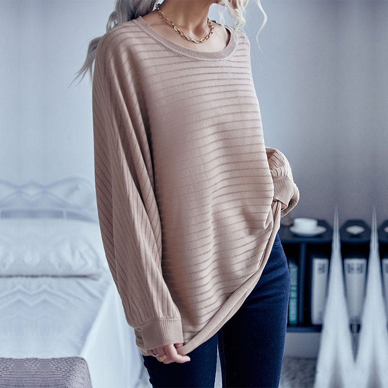 Women's Oversized Fine Knit Sweater with Horizontal Rib Detail and Round Neck Mune Fashion