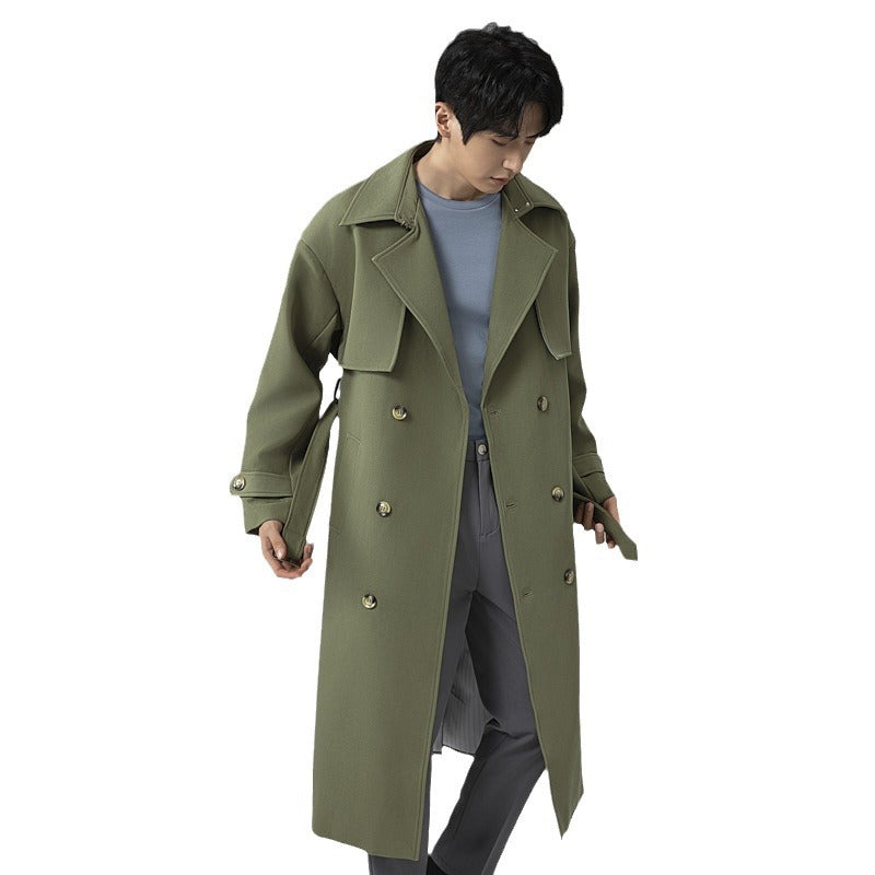 Men's trench coat in minimalist double-breasted design with wide shawl collar and waist belt Mune Fashion