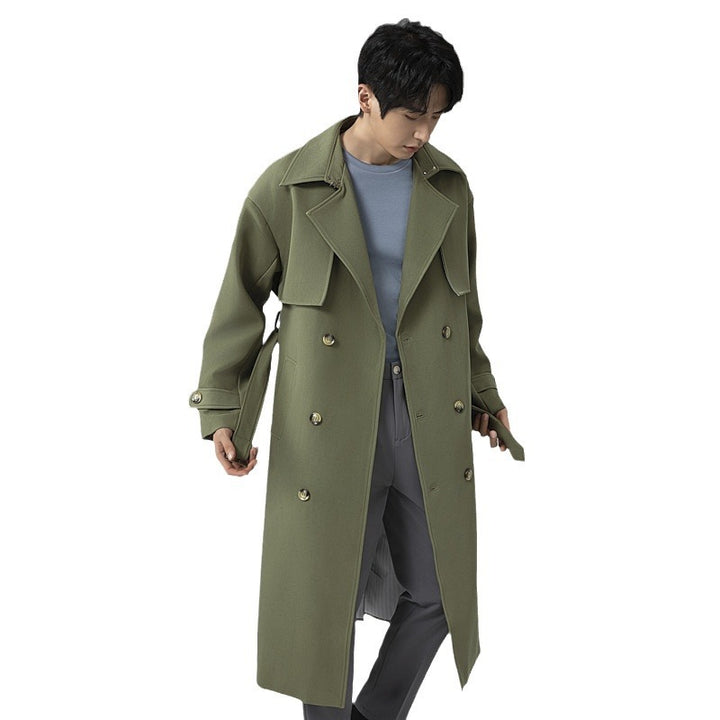 Men's trench coat in minimalist double-breasted design with wide shawl collar and waist belt Mune Fashion