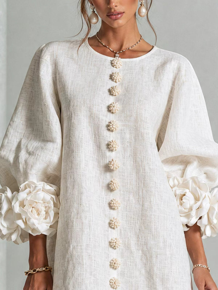 Ladies linen dress in A-line cut with balloon sleeves and 3D flower decoration Mune Fashion