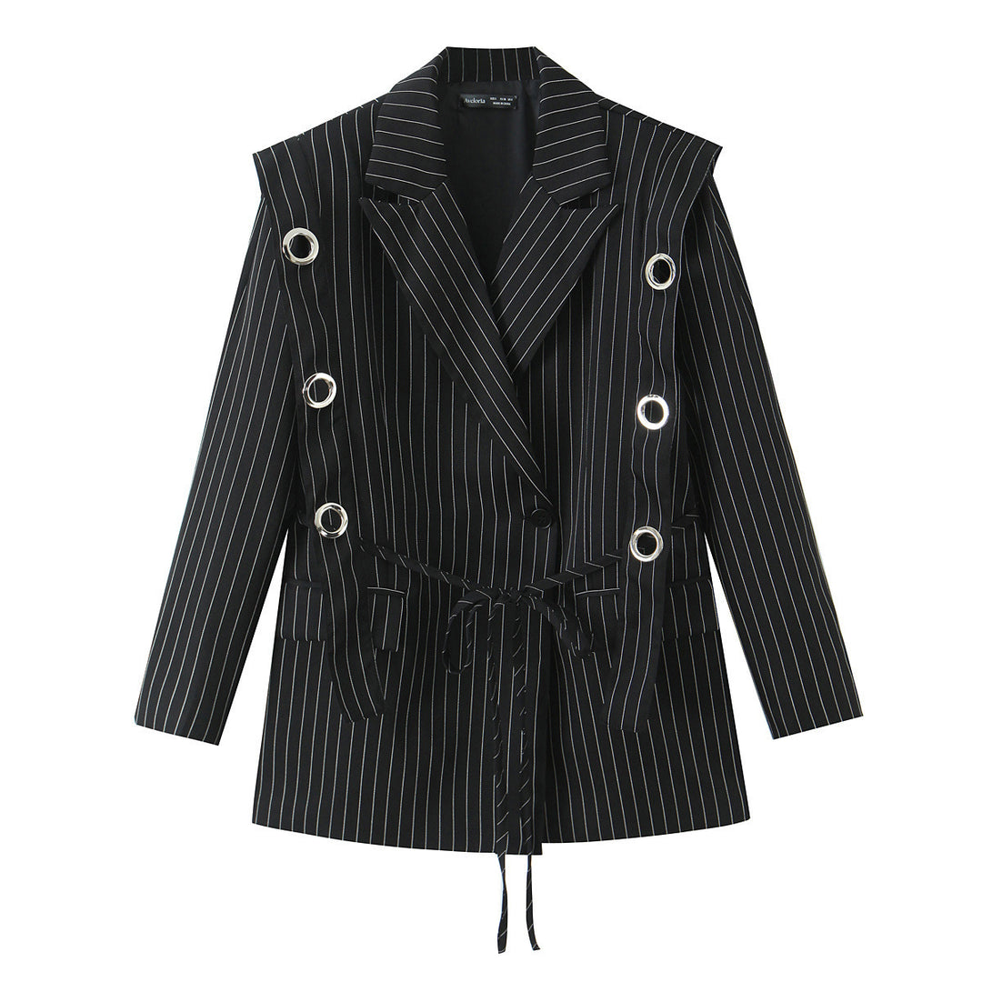 Women pinstripe blazer with eyelet application and drawstring Mune Fashion