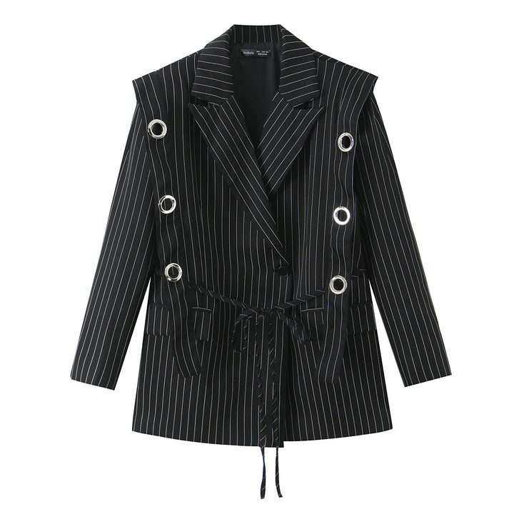 Women pinstripe blazer with eyelet application and drawstring Mune Fashion