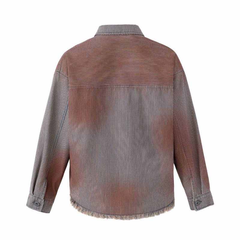 Unisex Boxy Overshirt Jacket made of Fine Cord with Used Effect, Fringes and Button Placket Mune Fashion