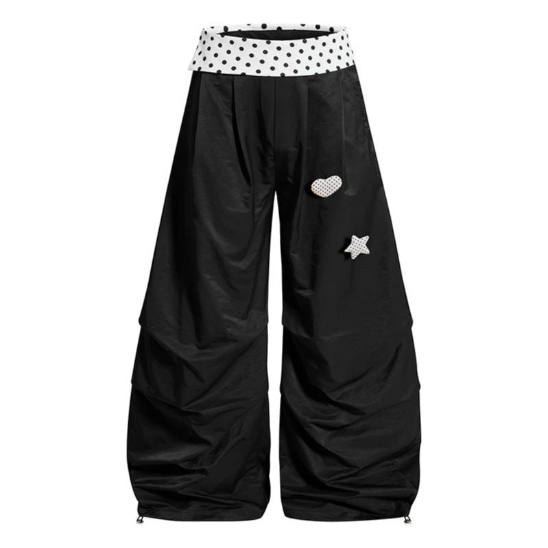 Women's Wide Palazzo Lounge Pants with Cuffed Waistband, Gathered Leg, and Application Details Mune Fashion