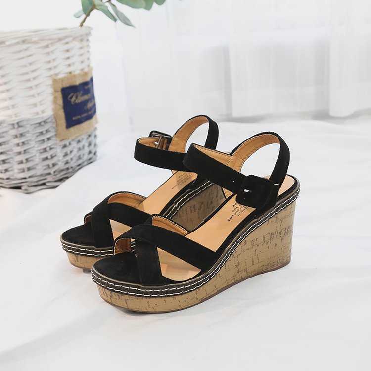 Women’s wedge sandals with cork platform adjustable ankle strap made of suede Mune Fashion