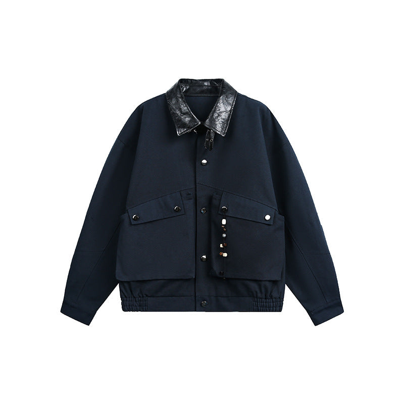 Men's Oversize Harrington Jacket with Faux Leather Collar, Flap Pockets, and Elastic Hem Mune Fashion