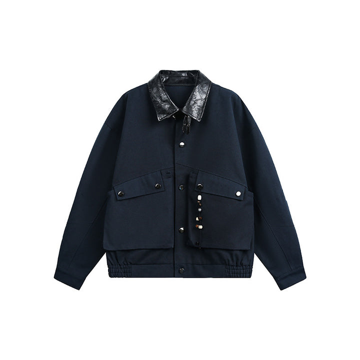 Men's Oversize Harrington Jacket with Faux Leather Collar, Flap Pockets, and Elastic Hem Mune Fashion