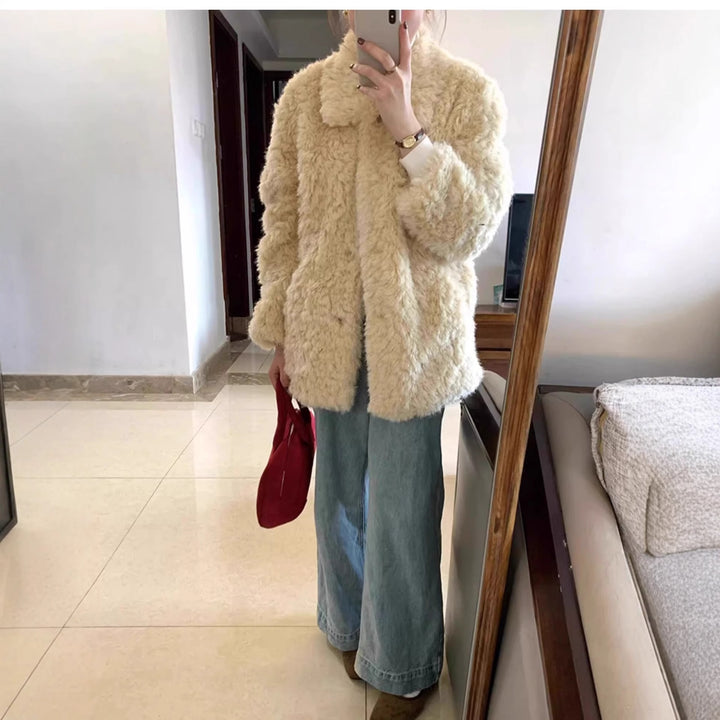 Women's Short Teddy Faux Fur Coat with Full Collar and Boxy Silhouette Mune Fashion