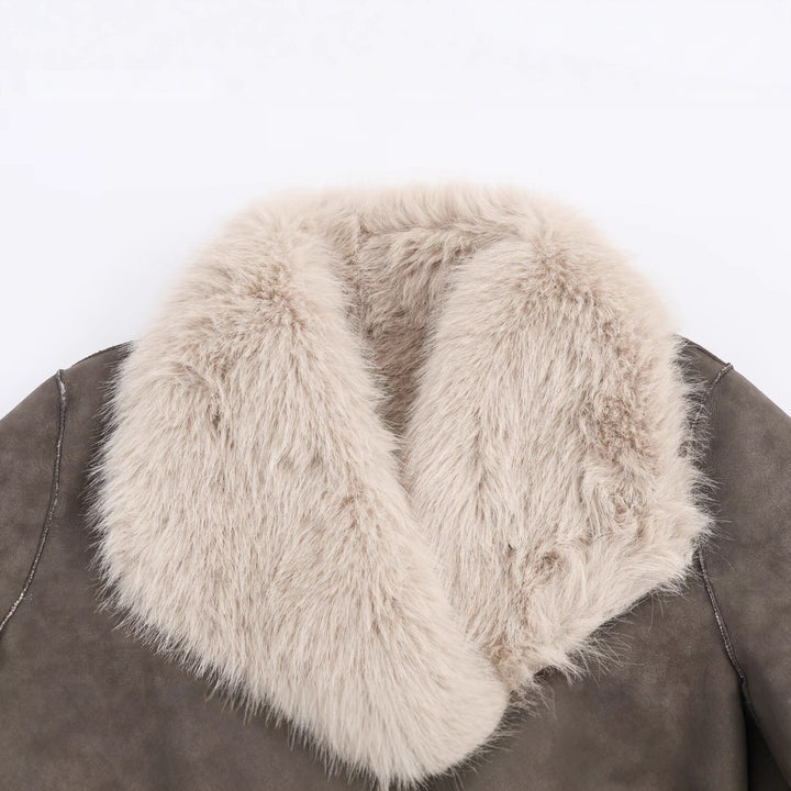 Women Longer Reversible Faux Fur Coat with Oversized Shawl Collar and Patch Pockets Mune Fashion