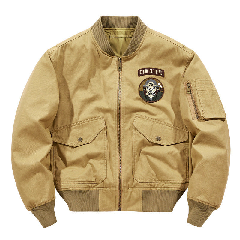Men's Short-Cut Pilot Bomber with Utility Pockets and Embroidered Patches Mune Fashion