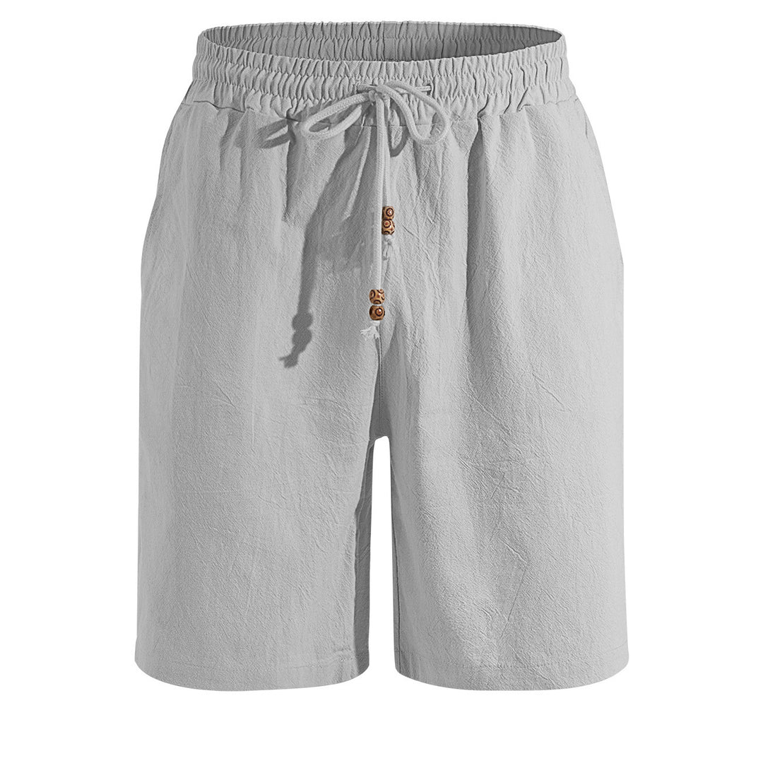 Men's lightweight beach Bermuda shorts made of linen blend with elastic waistband, drawstring and decorative button placket Mune Fashion