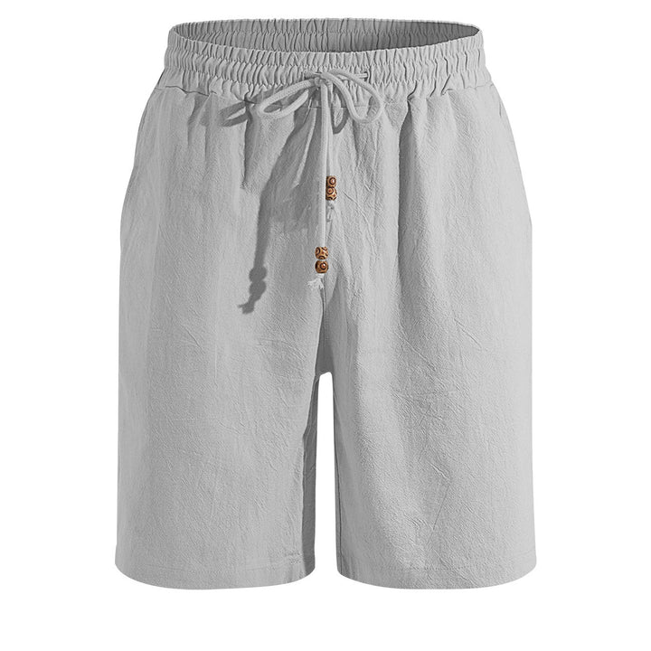 Men's lightweight beach Bermuda shorts made of linen blend with elastic waistband, drawstring and decorative button placket Mune Fashion