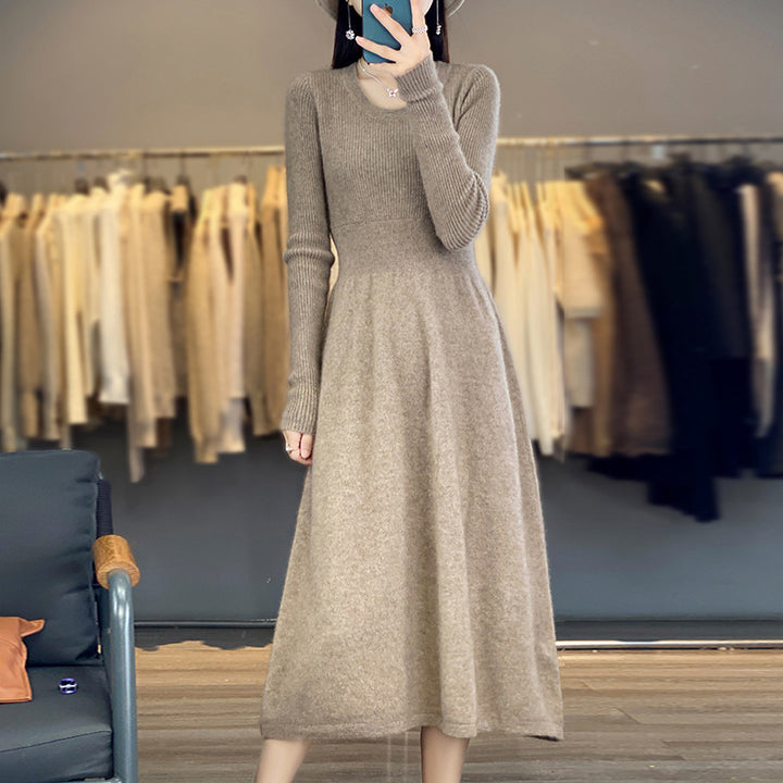 Women's Long Sleeve Midi Dress Made of Fine Knit with Tailored A-Line Silhouette Mune Fashion