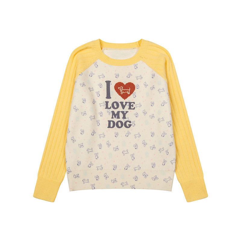 Women's knitted raglan sweater with heart dog motif, ribbed sleeves and all-over print Mune Fashion