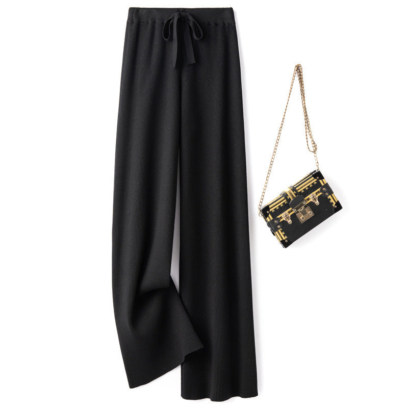 Women’s Wide Ribbed Knit Pants with Drawstring and Flowing Palazzo Silhouette Mune Fashion