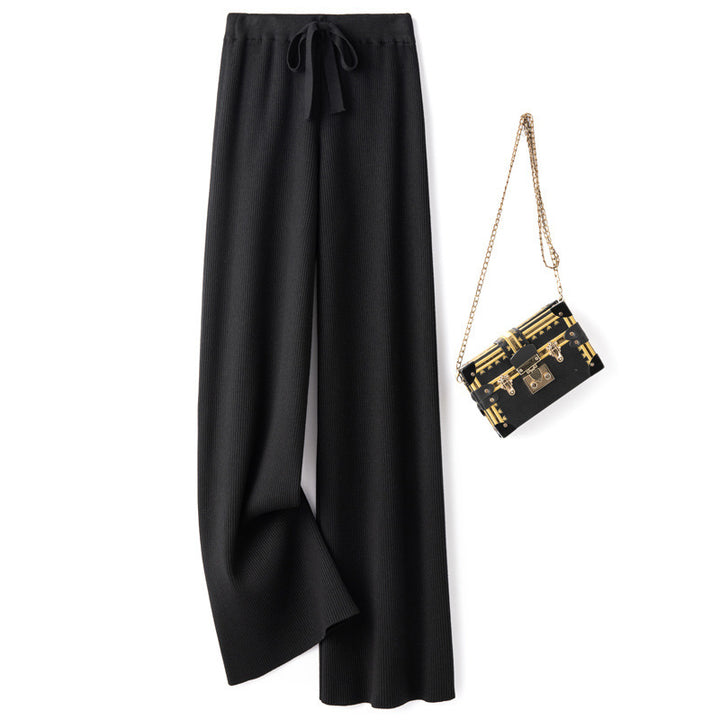 Women’s Wide Ribbed Knit Pants with Drawstring and Flowing Palazzo Silhouette Mune Fashion