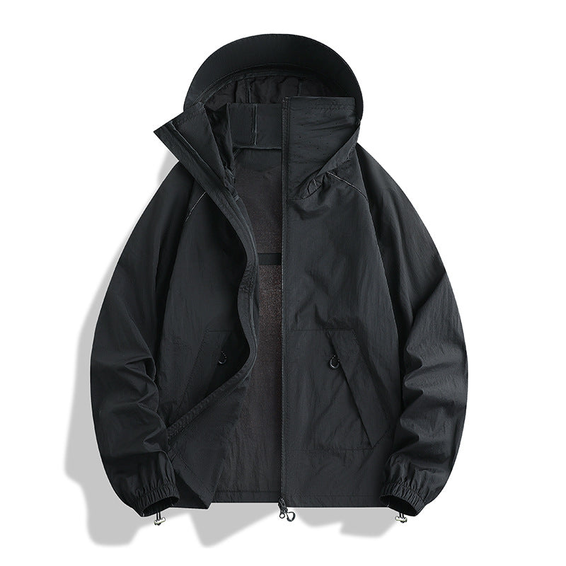 Men's lightweight wind and water-resistant hooded transitional jacket with adjustable hem drawstring and two-way zipper Mune Fashion