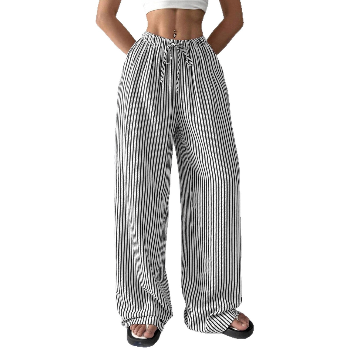Women's Wide High Waist Pants with Drawstring Stripes Linen Look and Side Pockets Mune Fashion
