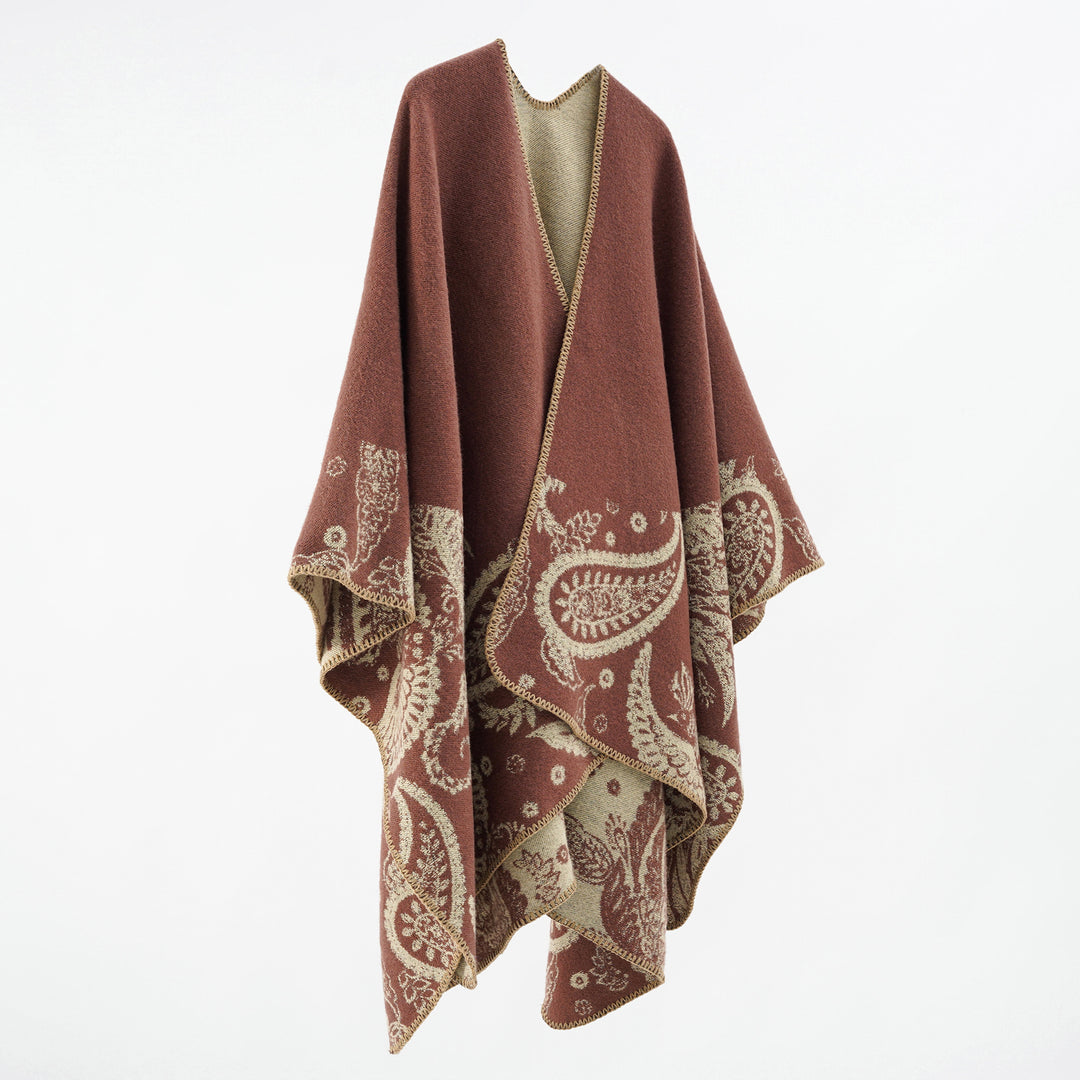 Women's wool blend reversible cape with paisley jacquard and open V-neck Mune Fashion