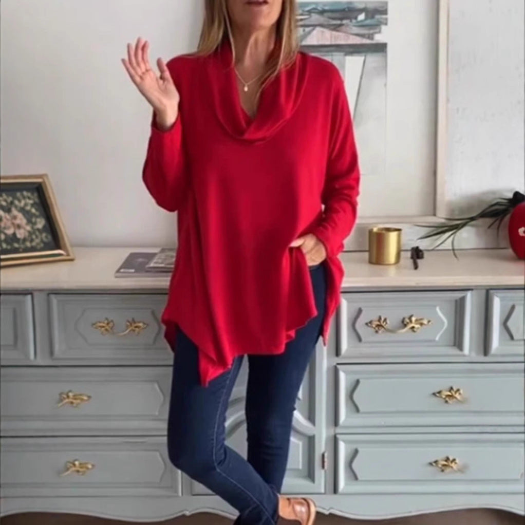Women's fall shoulder drape tunic top with asymmetric zip hem and side pockets Mune Fashion
