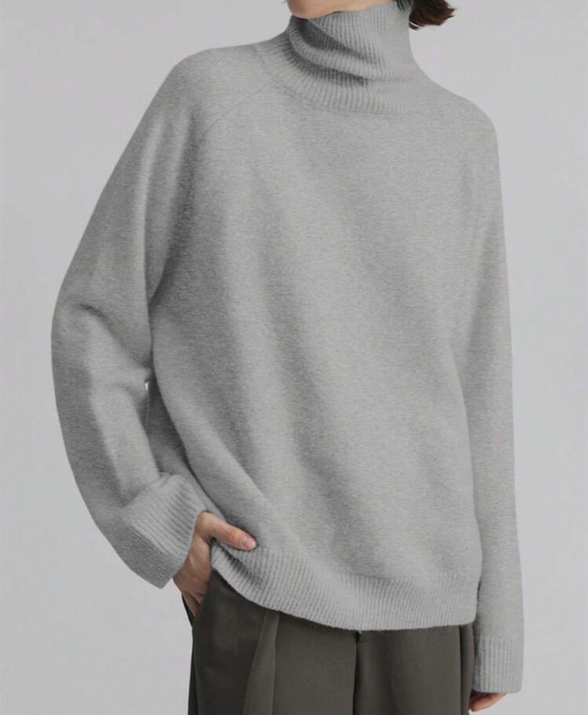 Women's Oversize Turtleneck Fine Knit Sweater with Raglan Sleeves and Side Slits Mune Fashion