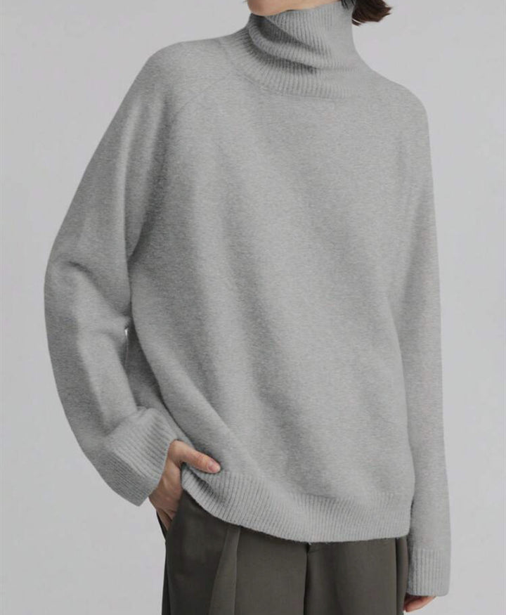 Women's Oversize Turtleneck Fine Knit Sweater with Raglan Sleeves and Side Slits Mune Fashion