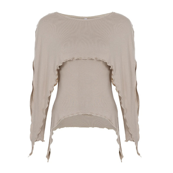 Women's layered top with asymmetric angled hem, cut-out detail, and wavy hem Mune Fashion