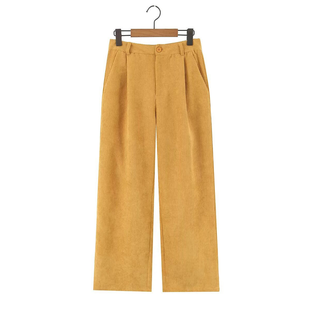 Women High-Waisted Cord Pants with Wide Leg and Pleats Mune Fashion