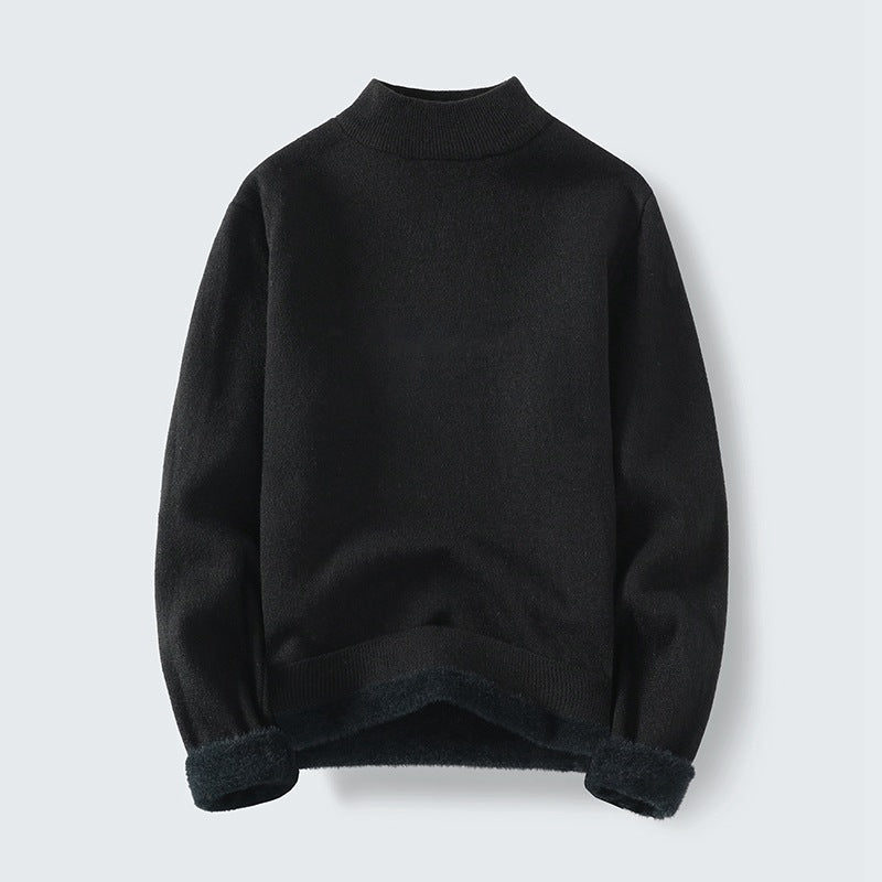 Women's fine knit mock neck pullover with warming fleece lining and turned-down teddy cuffs Mune Fashion