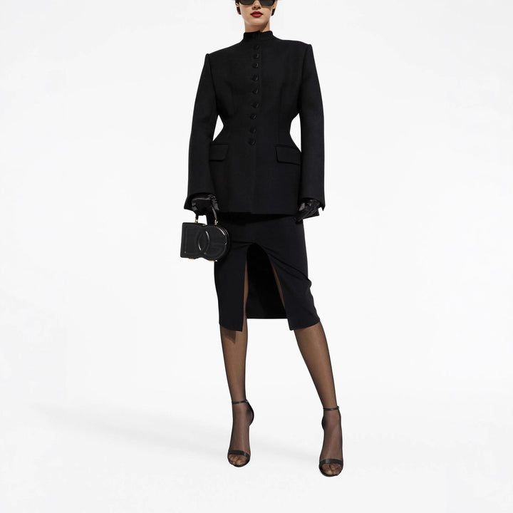 Women's Tailored Blazer with Stand-up Collar, Structured Shoulder and Decorative Button Placket Mune Fashion