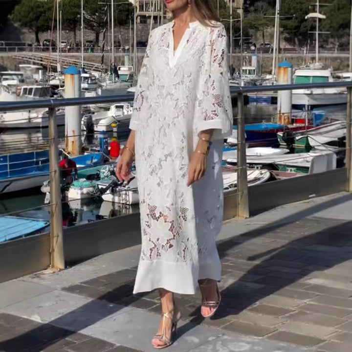 Women's airy lace maxi dress with floral openwork embroidery, loose kimono sleeve cut, and lightweight underdress Mune Fashion