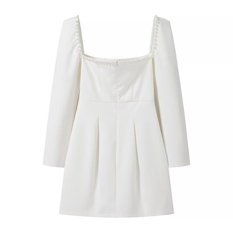 Women Figure-Hugging A-Line Mini Dress with Square Neckline, Long Sleeves and Beaded Detail Mune Fashion