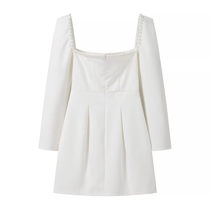 Women Figure-Hugging A-Line Mini Dress with Square Neckline, Long Sleeves and Beaded Detail Mune Fashion