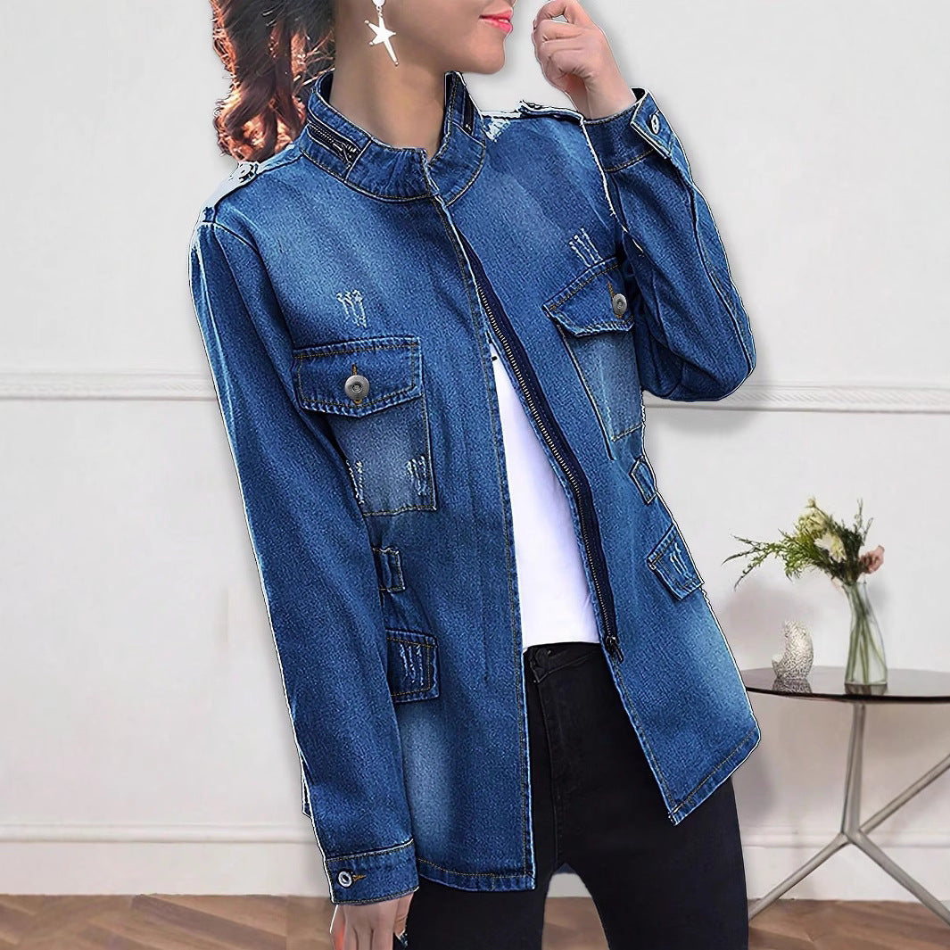 Women tailored denim jacket in military style with stand-up collar and flap pockets Mune Fashion