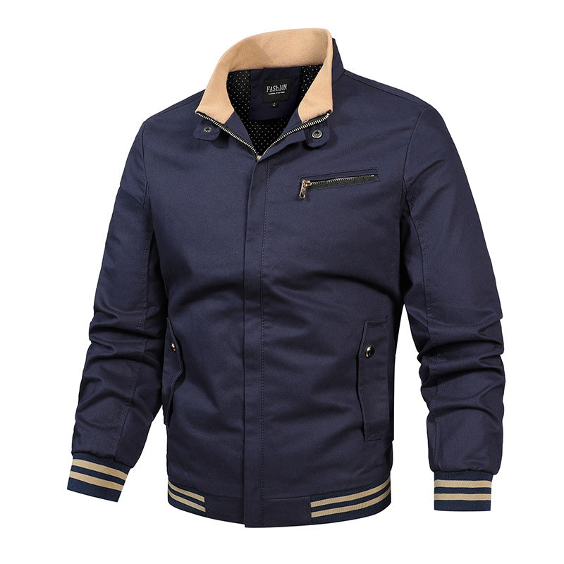 Men's modern canvas bomber jacket in varsity style with striped ribbed cuffs and concealed front placket.