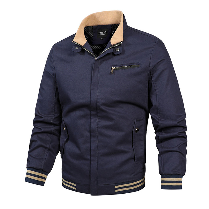 Men's modern canvas bomber jacket in varsity style with striped ribbed cuffs and concealed front placket.