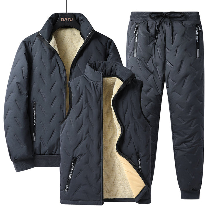 Men's Three-Piece Quilted Winter Set with Teddy Lining — Stand Collar Jacket, Padded Vest & Thermal Pants Mune Fashion