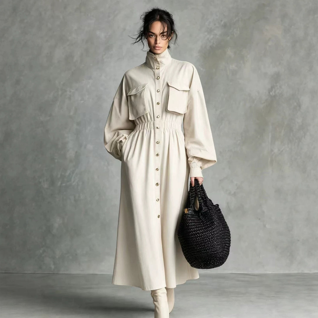 Women Elegant Shirt Dress with Pockets and Waist Belt Mune Fashion