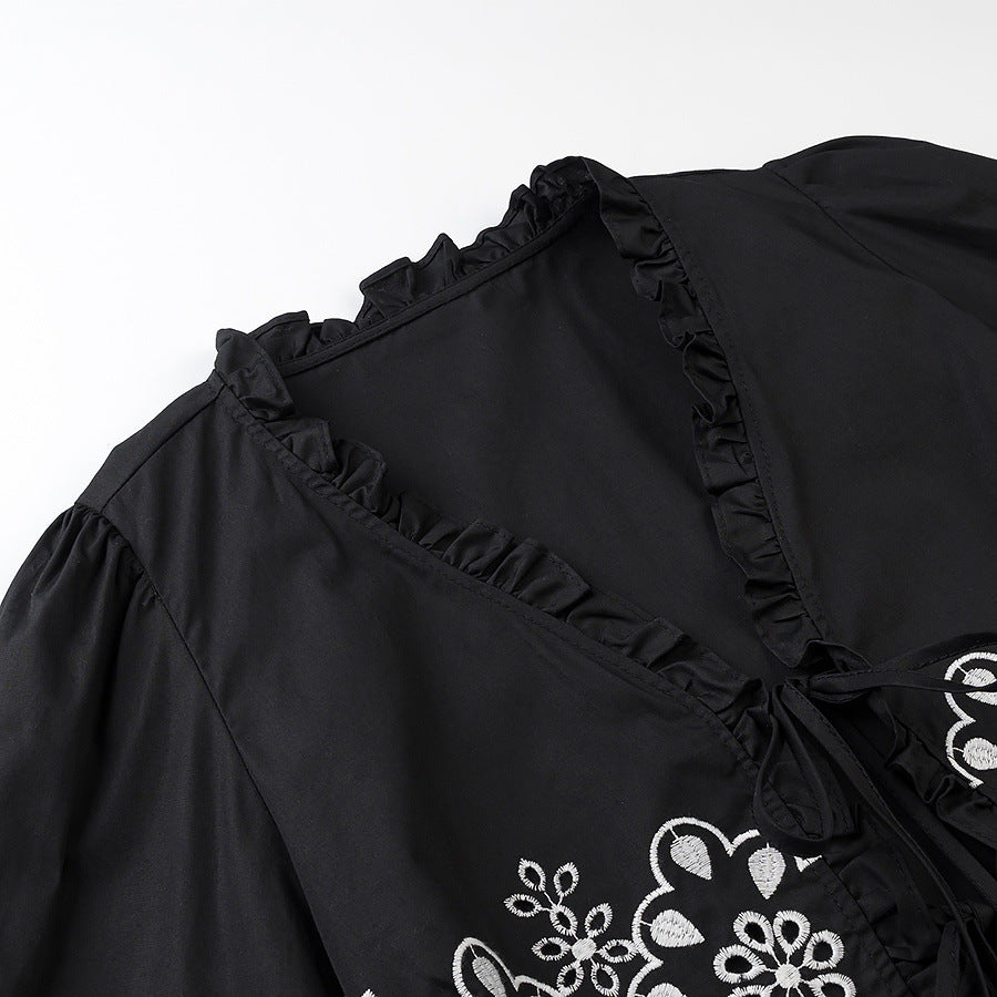 Ladies Embroidered Short Bolero with Ruffled V-Neck and Lacing Closure Mune Fashion