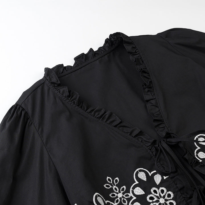 Ladies Embroidered Short Bolero with Ruffled V-Neck and Lacing Closure Mune Fashion