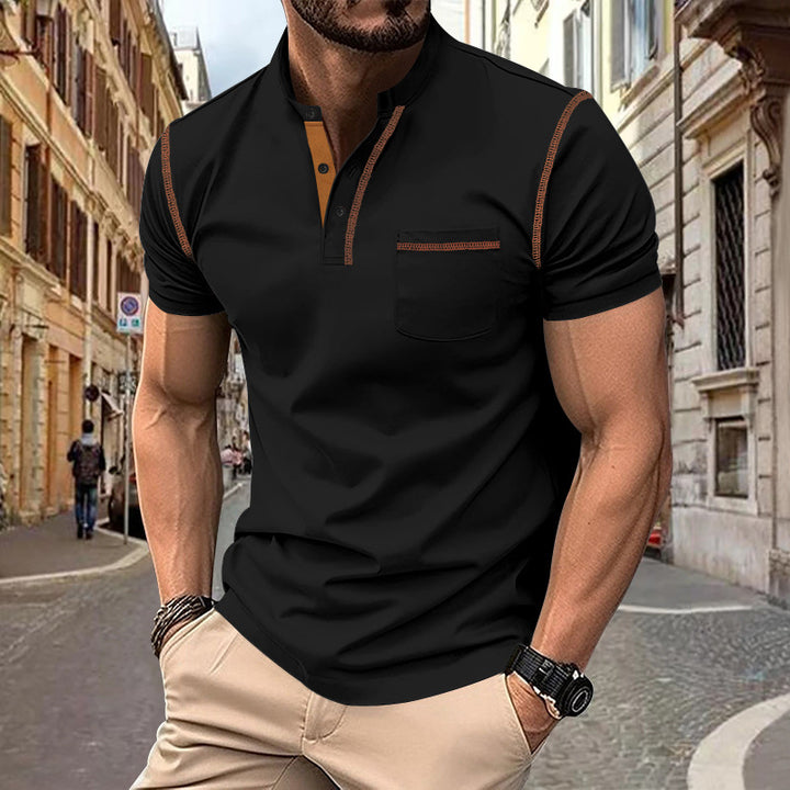 Men's short-sleeve polo in Henley style with stand-up collar, chest pocket and contrast stitching Mune Fashion
