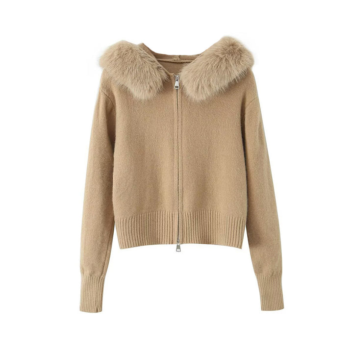 Women Short-Cut Knit Jacket with Zipper and Removable Faux Fur Collar Mune Fashion