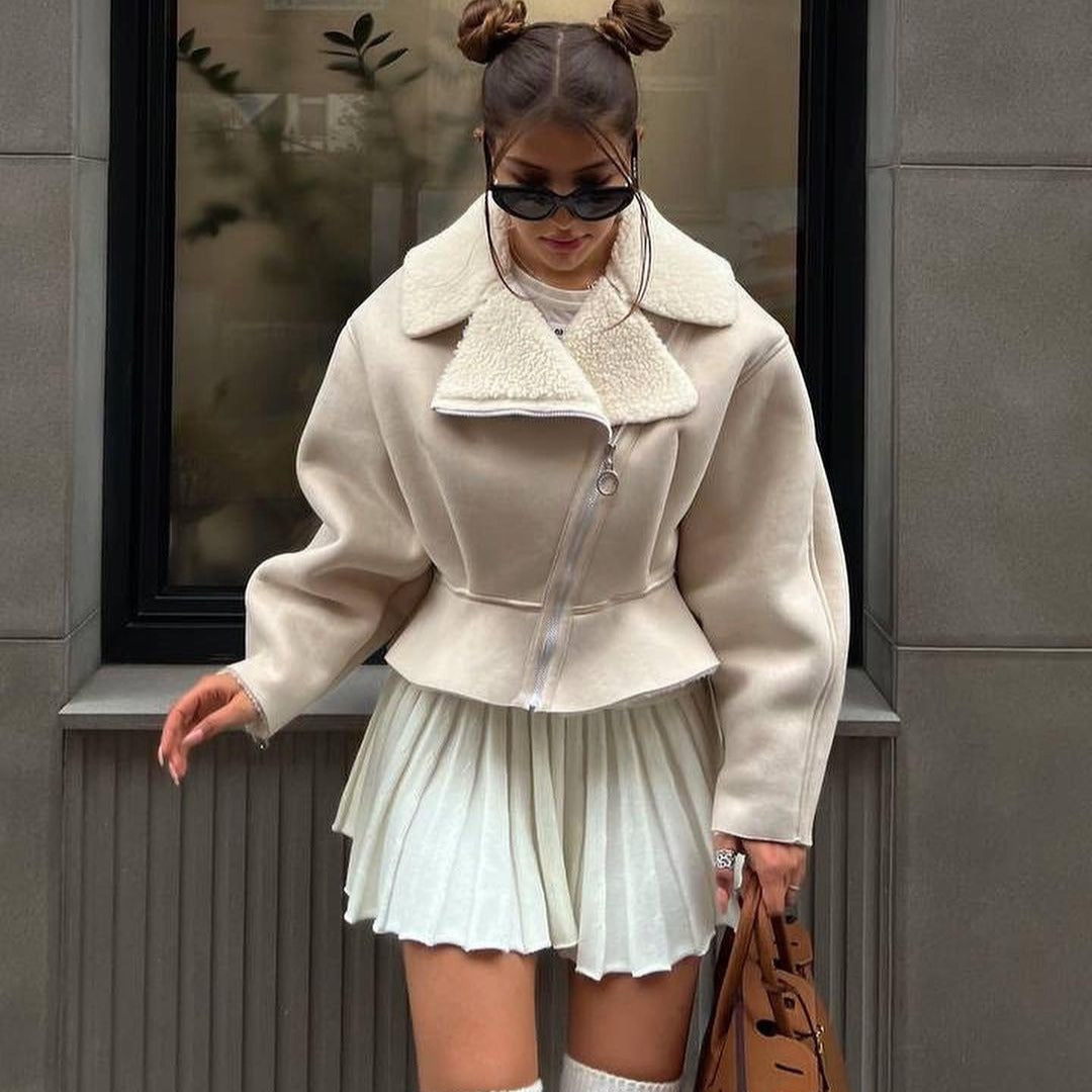 Women's Short Lambskin Imitation Biker Jacket with Oversized Collar and Asymmetrical Zipper Mune Fashion