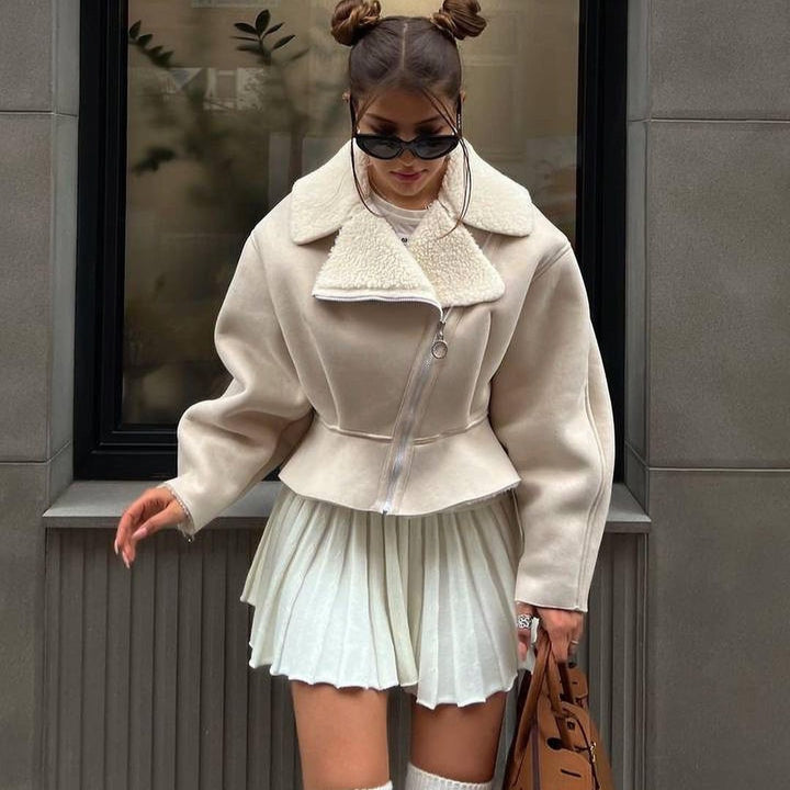 Women's Short Lambskin Imitation Biker Jacket with Oversized Collar and Asymmetrical Zipper Mune Fashion