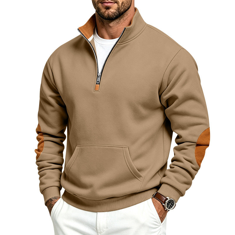 Men's Troyer sweater with half zip, kangaroo pocket, and elbow patches Mune Fashion