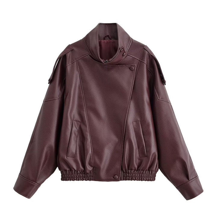 Women's Leather Look Bomber Jacket with High Stand-up Collar, Asymmetrical Snap Button Placket, and Elastic Hem Mune Fashion