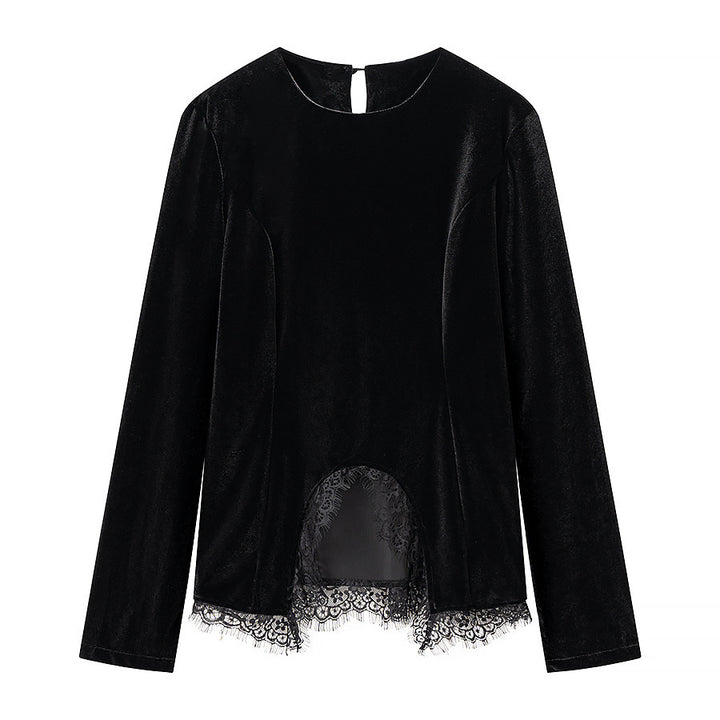 Women's Velvet Long Sleeve Shirt with Lace Trim and Curved Hem Mune Fashion